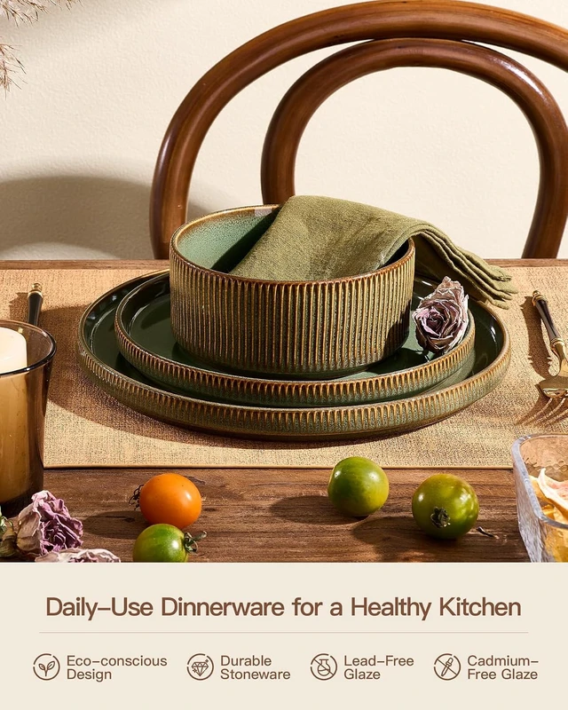 Alt view image 5 of 7 - Dinnerware Set for 4, Reactive Glaze Plates and Bowls Sets