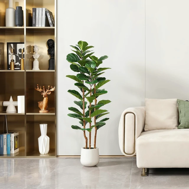 Alt view image 2 of 7 - Artificial Fiddle Leaf Fig Tree with White Planter,5ft Tall Fake Tree with Natural Wood Trunk for Home Decor, Faux Ficus Tree Fake Moss for Indoor Office Living Room