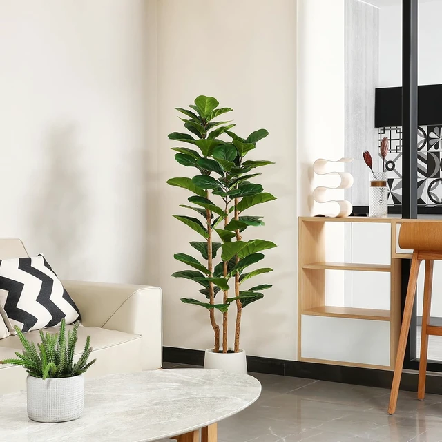 Alt view image 3 of 7 - Artificial Fiddle Leaf Fig Tree with White Planter,5ft Tall Fake Tree with Natural Wood Trunk for Home Decor, Faux Ficus Tree Fake Moss for Indoor Office Living Room