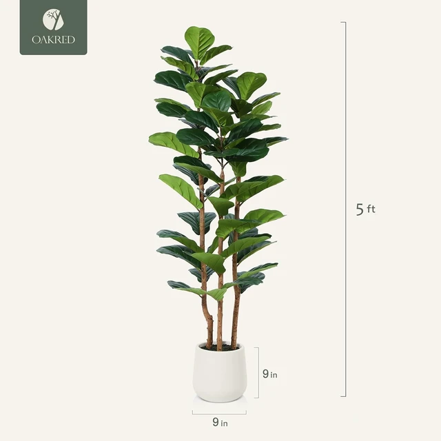 Alt view image 6 of 7 - Artificial Fiddle Leaf Fig Tree with White Planter,5ft Tall Fake Tree with Natural Wood Trunk for Home Decor, Faux Ficus Tree Fake Moss for Indoor Office Living Room