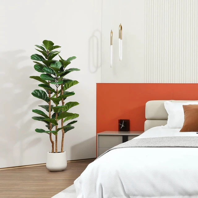 Alt view image 7 of 7 - Artificial Fiddle Leaf Fig Tree with White Planter,5ft Tall Fake Tree with Natural Wood Trunk for Home Decor, Faux Ficus Tree Fake Moss for Indoor Office Living Room