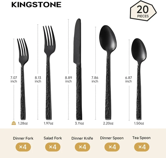 Alt view image 2 of 7 - 20 Pcs Black Hammered Silverware Set for 4, 18/10 Stainless Steel Flatware