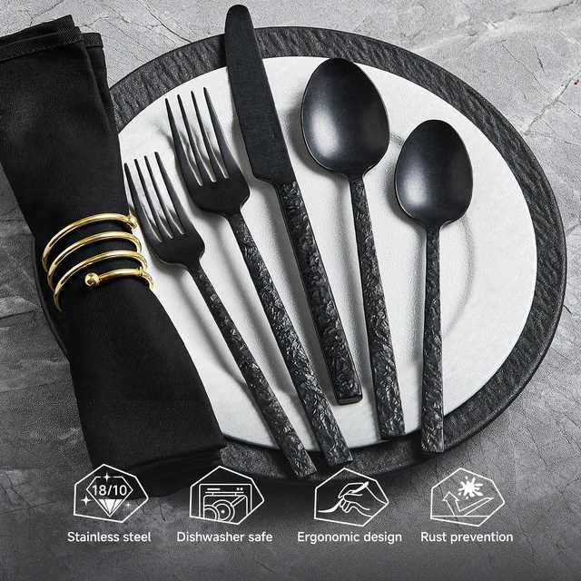 Alt view image 3 of 7 - 20 Pcs Black Hammered Silverware Set for 4, 18/10 Stainless Steel Flatware