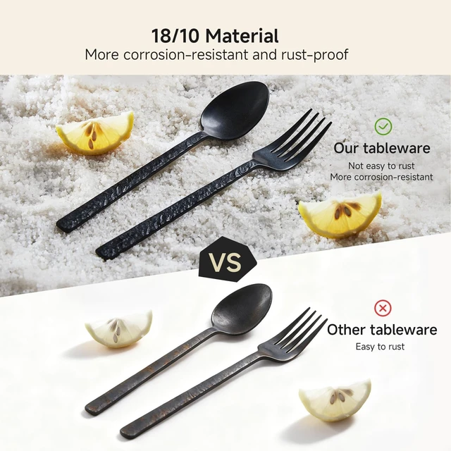 Alt view image 6 of 7 - 20 Pcs Black Hammered Silverware Set for 4, 18/10 Stainless Steel Flatware