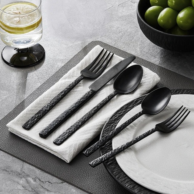 Alt view image 7 of 7 - 20 Pcs Black Hammered Silverware Set for 4, 18/10 Stainless Steel Flatware