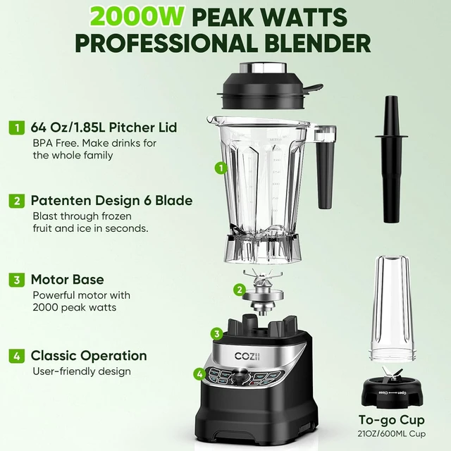 Alt view image 5 of 7 - Professional Blender 2000W, 64oz Countertop Smoothie Blender-21oz Cup