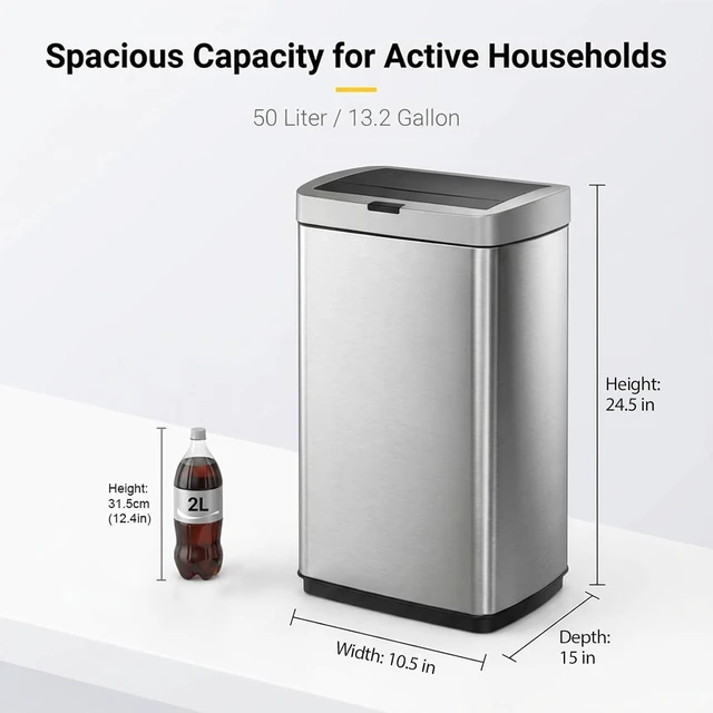 Alt view image 3 of 7 - 50 Litre Kitchen Trash Can with Lid 13.2 Gal Automatic Garbage Can
