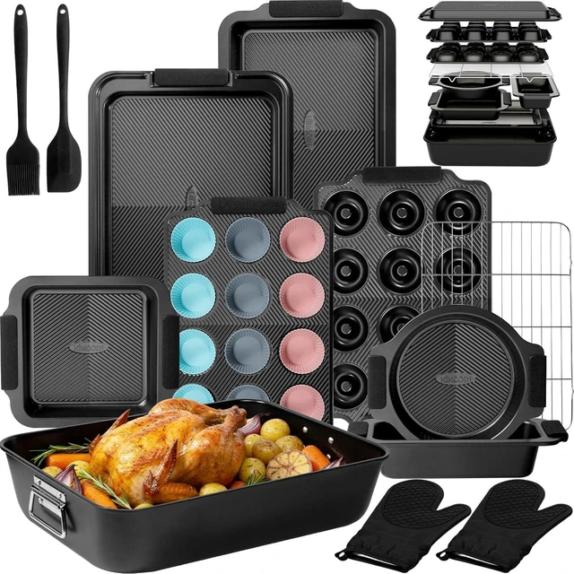 Main image of 25-Piece Nonstick Baking Pans Set with Large Turkey Roasting Pan, Stackable Ceramic Bakeware Set, 450°F Oven Safe Baking Sheet Set with Silicone Handles, Cookie Sheets for Baking, Black