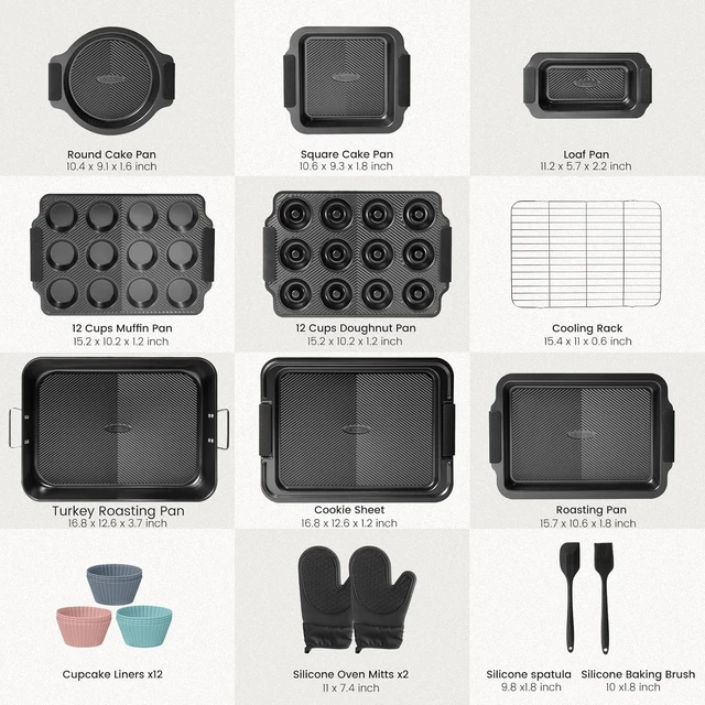 Alt view image 2 of 7 - 25-Piece Nonstick Baking Pans Set with Large Turkey Roasting Pan, Stackable Ceramic Bakeware Set, 450°F Oven Safe Baking Sheet Set with Silicone Handles, Cookie Sheets for Baking, Black