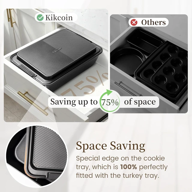 Alt view image 3 of 7 - 25-Piece Nonstick Baking Pans Set with Large Turkey Roasting Pan, Stackable Ceramic Bakeware Set, 450°F Oven Safe Baking Sheet Set with Silicone Handles, Cookie Sheets for Baking, Black