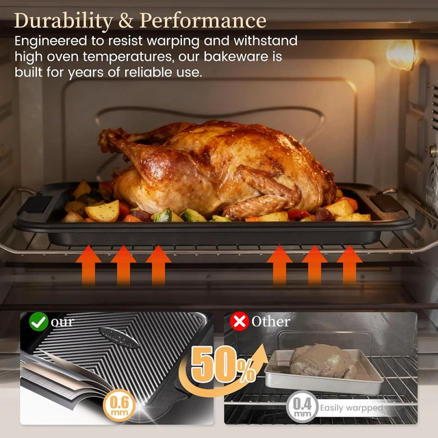 Alt view image 5 of 7 - 25-Piece Nonstick Baking Pans Set with Large Turkey Roasting Pan, Stackable Ceramic Bakeware Set, 450°F Oven Safe Baking Sheet Set with Silicone Handles, Cookie Sheets for Baking, Black