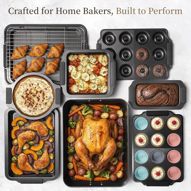Alt view image 7 of 7 - 25-Piece Nonstick Baking Pans Set with Large Turkey Roasting Pan, Stackable Ceramic Bakeware Set, 450°F Oven Safe Baking Sheet Set with Silicone Handles, Cookie Sheets for Baking, Black