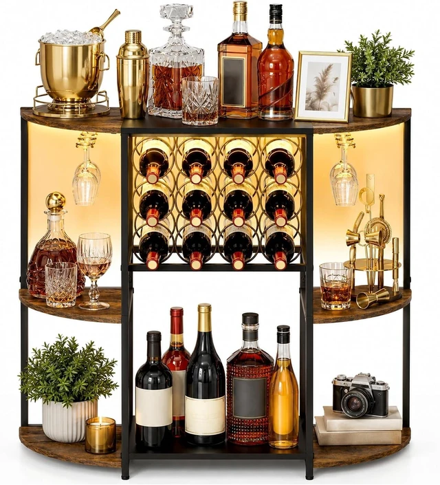 Main image of Wine Bar Cart with LED Lights, Mini Wine Rack with Storage and Glass Holder, Small Home Bar Cart for Liquor, 3-Tier Bar Table for Kitchen, Dining Room, Living Room, Rustic Brown