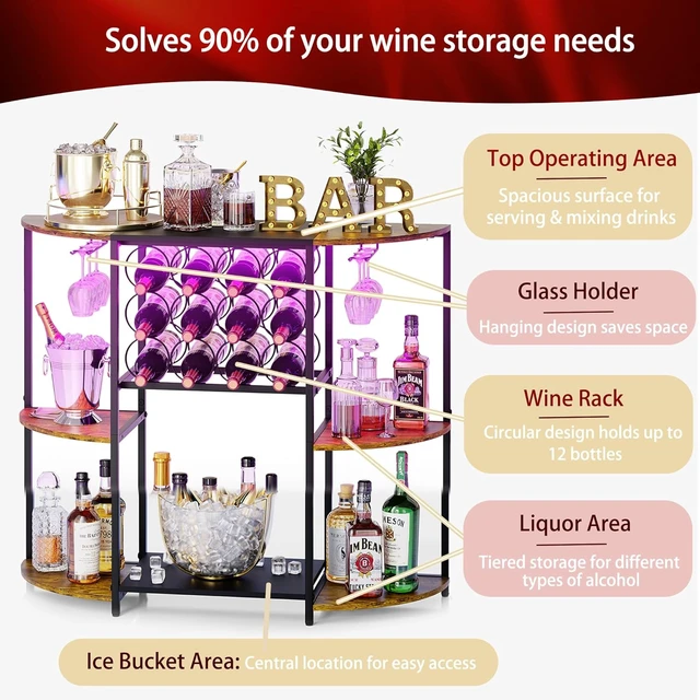 Alt view image 2 of 7 - Wine Bar Cart with LED Lights, Mini Wine Rack with Storage and Glass Holder, Small Home Bar Cart for Liquor, 3-Tier Bar Table for Kitchen, Dining Room, Living Room, Rustic Brown