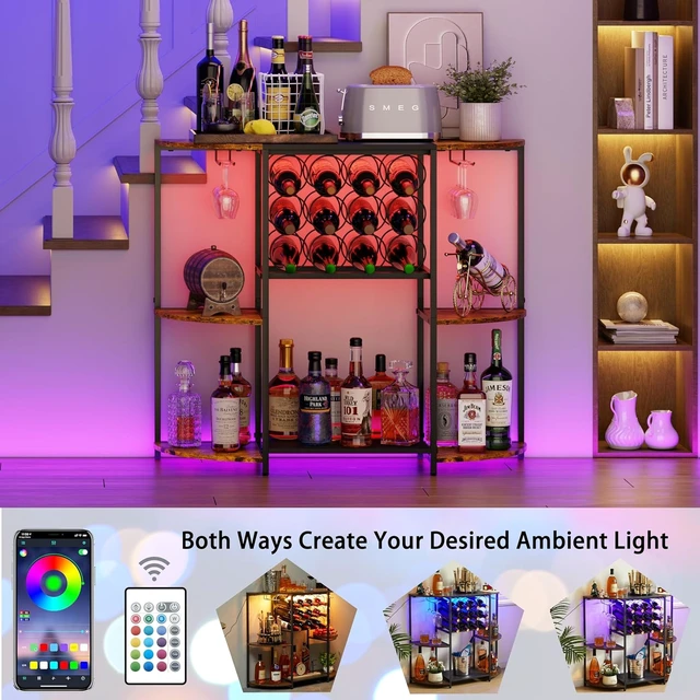 Alt view image 3 of 7 - Wine Bar Cart with LED Lights, Mini Wine Rack with Storage and Glass Holder, Small Home Bar Cart for Liquor, 3-Tier Bar Table for Kitchen, Dining Room, Living Room, Rustic Brown