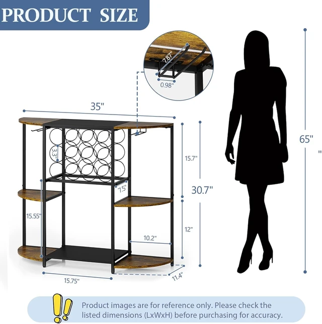 Alt view image 4 of 7 - Wine Bar Cart with LED Lights, Mini Wine Rack with Storage and Glass Holder, Small Home Bar Cart for Liquor, 3-Tier Bar Table for Kitchen, Dining Room, Living Room, Rustic Brown