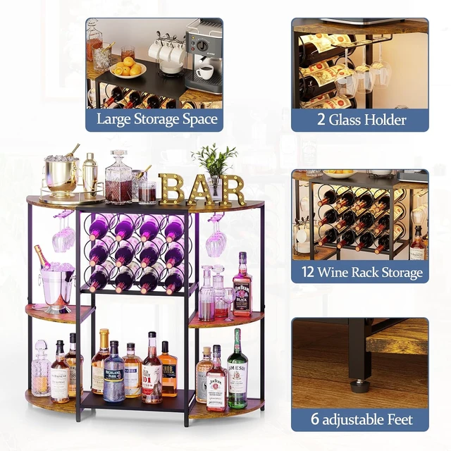 Alt view image 5 of 7 - Wine Bar Cart with LED Lights, Mini Wine Rack with Storage and Glass Holder, Small Home Bar Cart for Liquor, 3-Tier Bar Table for Kitchen, Dining Room, Living Room, Rustic Brown