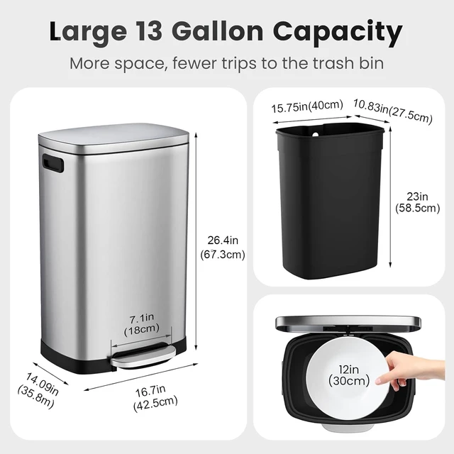 Alt view image 3 of 7 - Kitchen Trash Can with Lid 13 Gal Stainless Steel Pedal Garbage Can