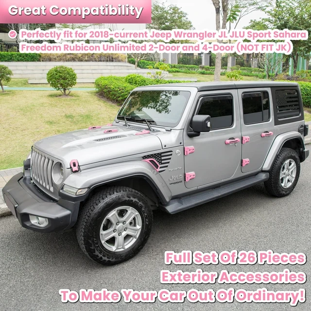 Alt view image 2 of 7 - 26PCS Full Set Exterior Decoration Trim Kit for Jeep Wrangler JL JLU 2018-2023 Door Hinge Handle Engine Hood Hinge Hood Latch Wheel Eyebrow Side Air Outlet Rear Tailgate Window Hinge Cover (Pink)