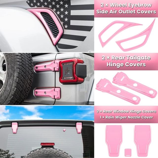 Alt view image 5 of 7 - 26PCS Full Set Exterior Decoration Trim Kit for Jeep Wrangler JL JLU 2018-2023 Door Hinge Handle Engine Hood Hinge Hood Latch Wheel Eyebrow Side Air Outlet Rear Tailgate Window Hinge Cover (Pink)