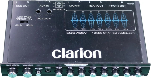 Alt view image 5 of 5 - EQS755V 7-Band Car Audio 1/2-DIN Size Car Graphic Equalizer/Crossover with Front 3.5mm Auxiliary Input, Rear RCA Auxiliary Input and High Level Speaker Inputs