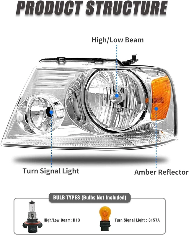 Alt view image 3 of 7 - Headlight Assembly for 2004-2008 Ford F150 Pickup 2006-2008 Lincoln Mark LT Clear Lens Chrome Housing Amber Reflector Replacement W/O Bulbs