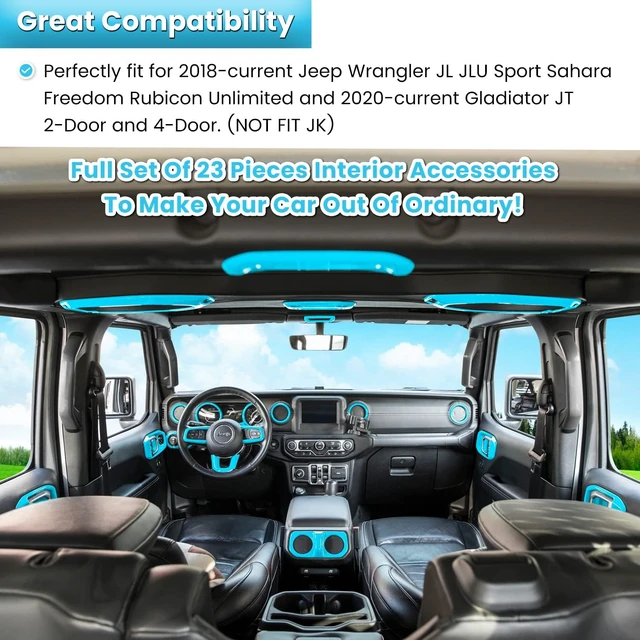 Alt view image 2 of 7 - 23PCS Full Set Interior Decoration Trim Kit for Jeep Wrangler JL JLU Gladiator JT 2018-2023 Steering Wheel Door Handle Air Conditioning Vent Cup Holder Reading Light Headlight Gear Cover (Light Blue)
