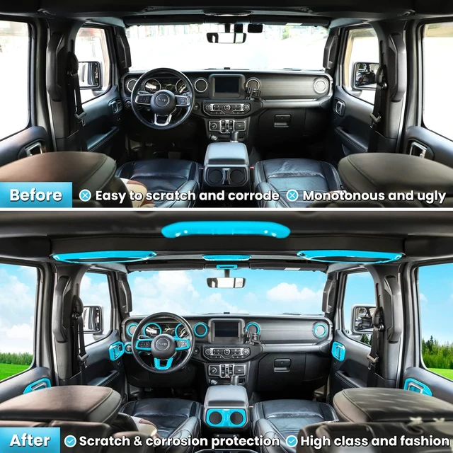 Alt view image 7 of 7 - 23PCS Full Set Interior Decoration Trim Kit for Jeep Wrangler JL JLU Gladiator JT 2018-2023 Steering Wheel Door Handle Air Conditioning Vent Cup Holder Reading Light Headlight Gear Cover (Light Blue)