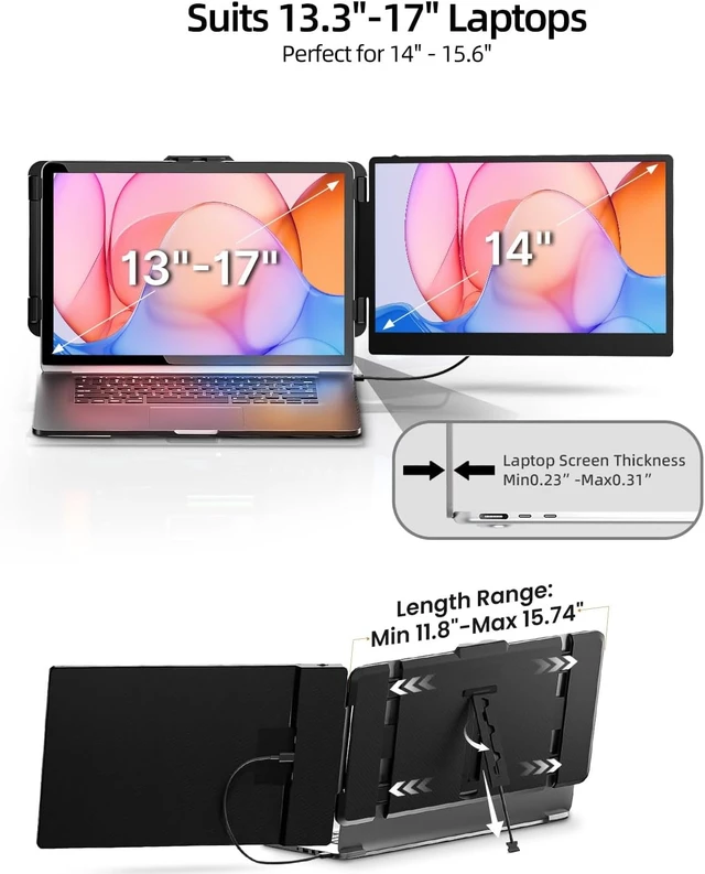 Alt view image 5 of 7 - Laptop Screen Extender, 14" FHD 1080P IPS Dual Laptop Monitor Extender, Plug n Play Portable Travel Monitor for Laptops 13.3"-17" with HDMI/USB-A/Type-C, Compatible with Windows Mac Chrome Android
