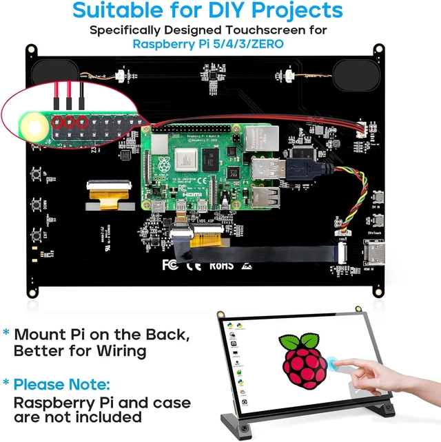 Alt view image 2 of 7 - 10.1" Touchscreen Monitor, 1024x600 IPS Raspberry Pi Screen, HDMI