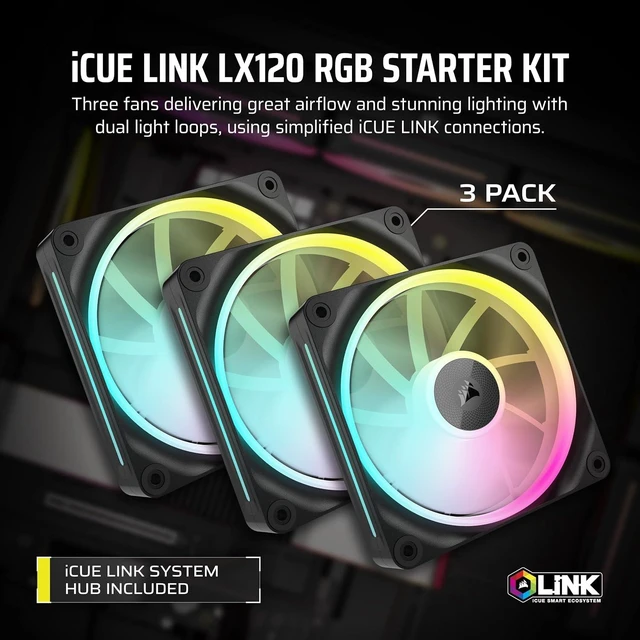 Main image of iCUE Link LX120 RGB 120mm PWM Fans Triple Pack Dual Light Loops Includes iCUE Link System Hub AirGuide Technology Black