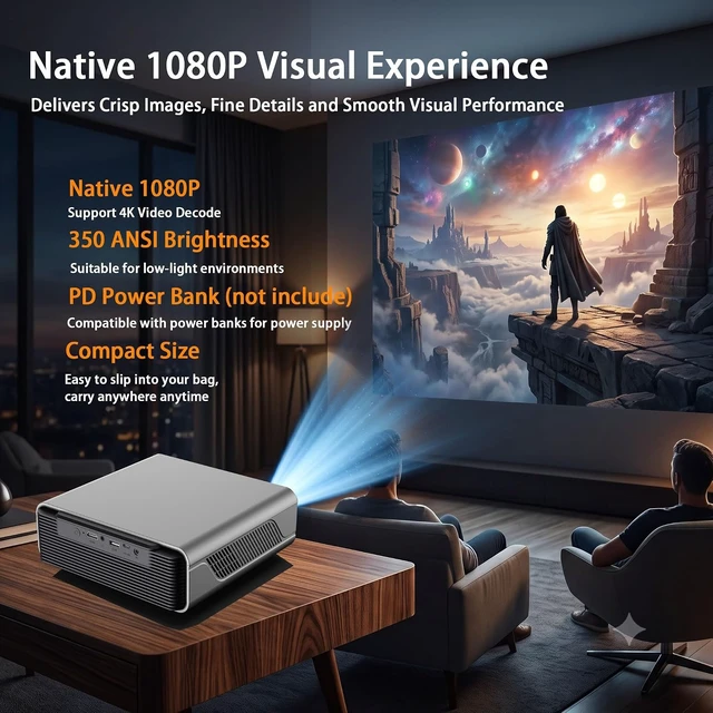 Alt view image 2 of 7 - Native 1080P 350ANSI USB-C Powered Smart Portable Outdoor Projector