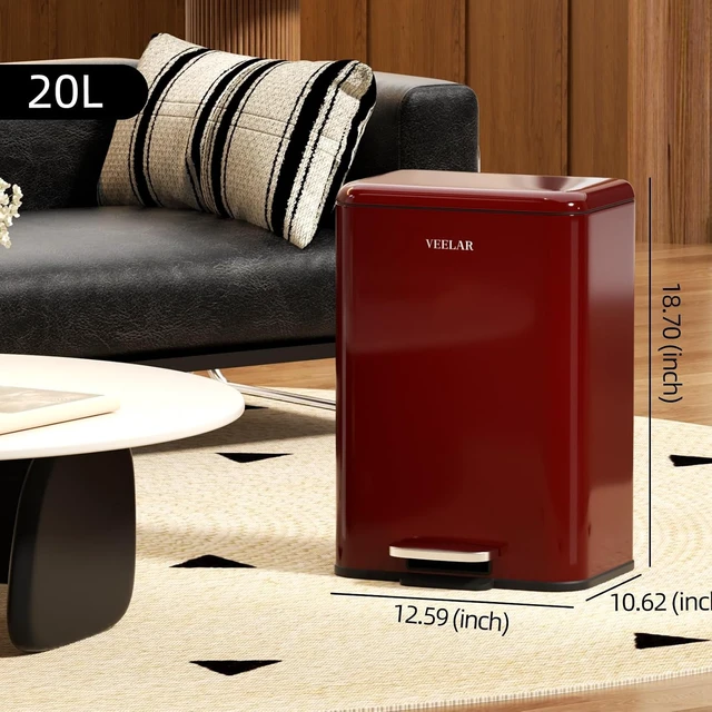 Alt view image 2 of 6 - 5 Gallon Bathroom Trash Can - Room Step Garbage Can with Lid, Stainless Steel Trash Bin for Kitchen Living Room Bedroom Commercial Restaurant Office (Red, 20Liter / 5.5Gallon)