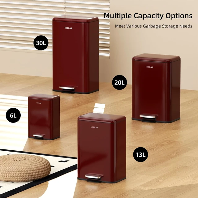 Alt view image 3 of 6 - 5 Gallon Bathroom Trash Can - Room Step Garbage Can with Lid, Stainless Steel Trash Bin for Kitchen Living Room Bedroom Commercial Restaurant Office (Red, 20Liter / 5.5Gallon)