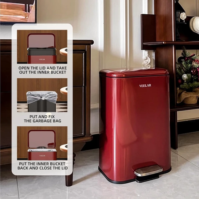 Alt view image 5 of 6 - 5 Gallon Bathroom Trash Can - Room Step Garbage Can with Lid, Stainless Steel Trash Bin for Kitchen Living Room Bedroom Commercial Restaurant Office (Red, 20Liter / 5.5Gallon)