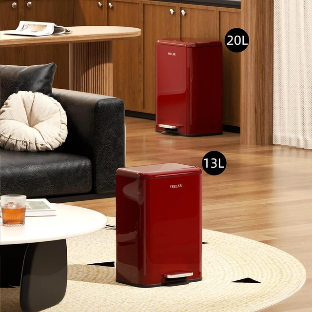 Alt view image 6 of 6 - 5 Gallon Bathroom Trash Can - Room Step Garbage Can with Lid, Stainless Steel Trash Bin for Kitchen Living Room Bedroom Commercial Restaurant Office (Red, 20Liter / 5.5Gallon)