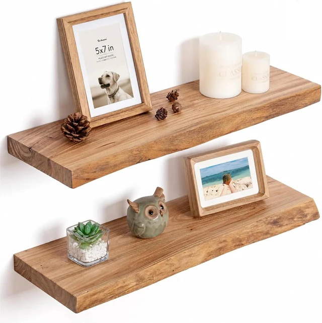 Main image of Floating Shelves for Wall, 24"x9.3" Solid Wood Floating Live Edge Shelf, Heavy-Duty Wall Shelf with Invisible Brackets, Set of 2 for Living Room, Bedroom, and Kitchen, Natural Finish