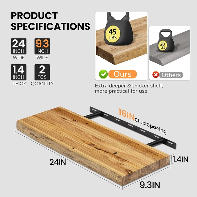 Alt view image 3 of 7 - Floating Shelves for Wall, 24"x9.3" Solid Wood Floating Live Edge Shelf, Heavy-Duty Wall Shelf with Invisible Brackets, Set of 2 for Living Room, Bedroom, and Kitchen, Natural Finish