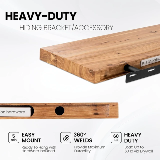 Alt view image 5 of 7 - Floating Shelves for Wall, 24"x9.3" Solid Wood Floating Live Edge Shelf, Heavy-Duty Wall Shelf with Invisible Brackets, Set of 2 for Living Room, Bedroom, and Kitchen, Natural Finish