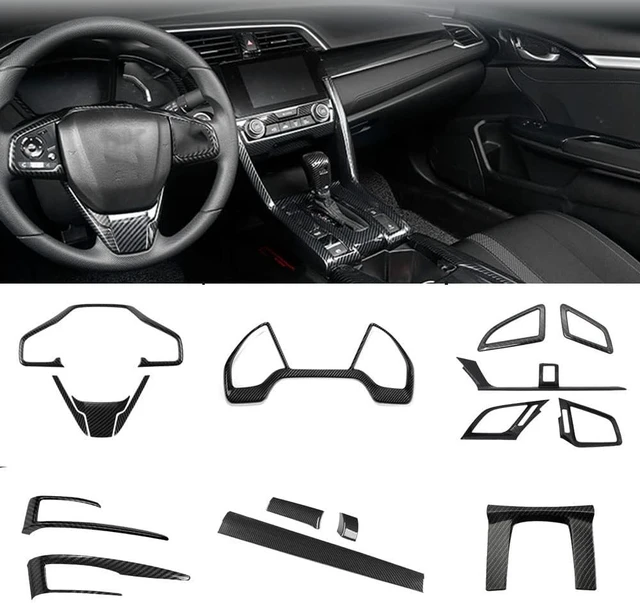 Alt view image 2 of 7 - for Honda 10th Civic 2016~2020 2021 Full Set of Car Interiors Instrument Panel Decorative Center Console Moulding Trim Air Outlet Automotive Steering Wheel Cover Accessories 16Pcs-Black