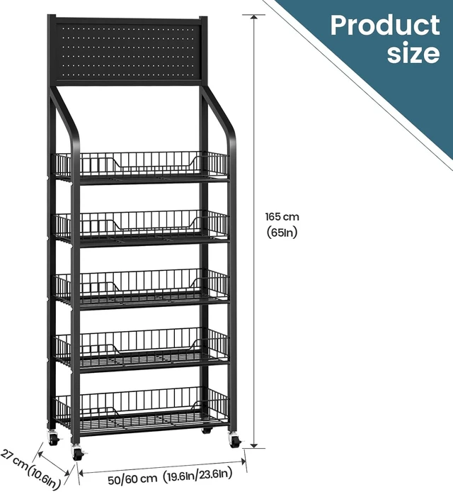 Alt view image 2 of 7 - 65" 5 Tier Snack Rack Display Stand with Hooks & Wheels, Metal Retail Display Shelf for Chips, Snacks, Candy, Metal Snack Shelf for Store Home Kitchen Store Organizer (50cm-black)