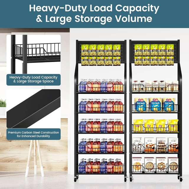 Alt view image 3 of 7 - 65" 5 Tier Snack Rack Display Stand with Hooks & Wheels, Metal Retail Display Shelf for Chips, Snacks, Candy, Metal Snack Shelf for Store Home Kitchen Store Organizer (50cm-black)