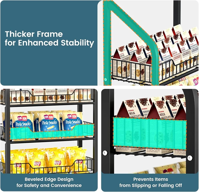 Alt view image 4 of 7 - 65" 5 Tier Snack Rack Display Stand with Hooks & Wheels, Metal Retail Display Shelf for Chips, Snacks, Candy, Metal Snack Shelf for Store Home Kitchen Store Organizer (50cm-black)