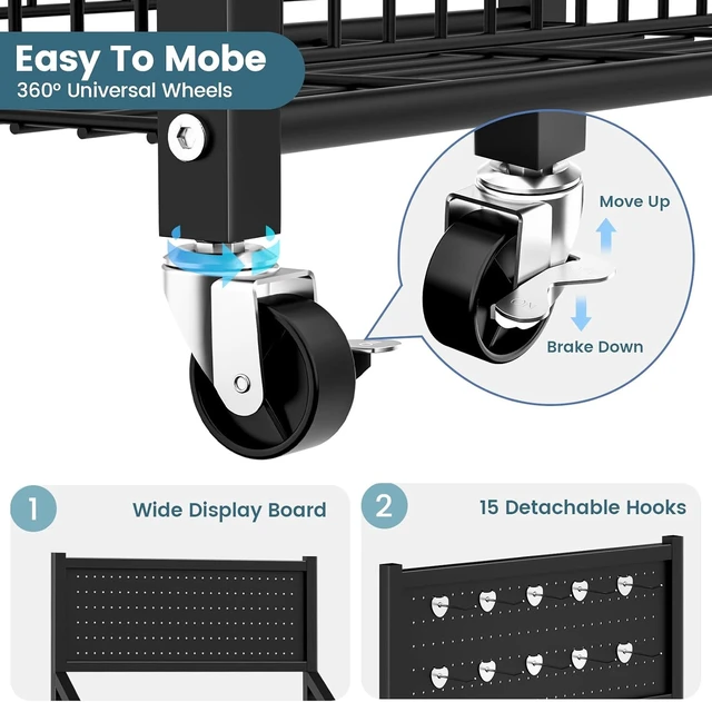 Alt view image 5 of 7 - 65" 5 Tier Snack Rack Display Stand with Hooks & Wheels, Metal Retail Display Shelf for Chips, Snacks, Candy, Metal Snack Shelf for Store Home Kitchen Store Organizer (50cm-black)