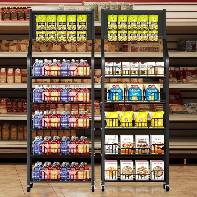 Alt view image 7 of 7 - 65" 5 Tier Snack Rack Display Stand with Hooks & Wheels, Metal Retail Display Shelf for Chips, Snacks, Candy, Metal Snack Shelf for Store Home Kitchen Store Organizer (50cm-black)