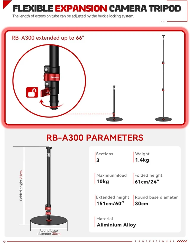 Alt view image 5 of 7 - A300 Round Base Monopod 60" Aluminum Camera Floor Stand