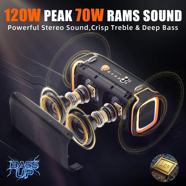 Alt view image 2 of 7 - Portable Bluetooth Speaker, 120W Peak Wireless Speaker, 28-Hour Playtime, Adjustable Treble & Bass, Loud Stereo Sound for Outdoor Use