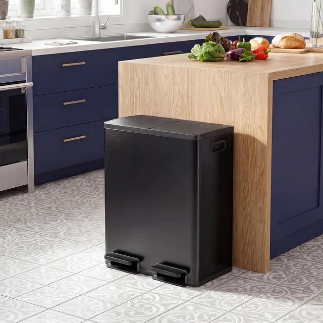 Alt view image 2 of 7 - Kitchen Trash Can, 2x8-Gallon Dual Trash Can with Lid, Stainless Steel Garbage Bin with 2 Removable Inner Buckets, Soft-Close Foot Pedal for Kitchen, Home, Office, Matte Black