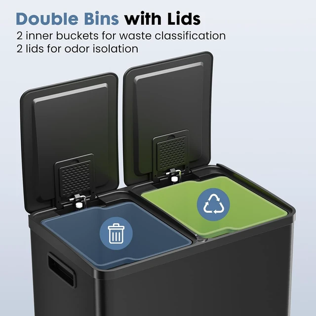 Alt view image 3 of 7 - Kitchen Trash Can, 2x8-Gallon Dual Trash Can with Lid, Stainless Steel Garbage Bin with 2 Removable Inner Buckets, Soft-Close Foot Pedal for Kitchen, Home, Office, Matte Black