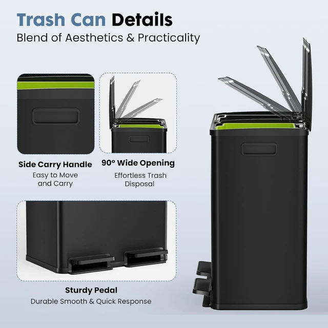 Alt view image 4 of 7 - Kitchen Trash Can, 2x8-Gallon Dual Trash Can with Lid, Stainless Steel Garbage Bin with 2 Removable Inner Buckets, Soft-Close Foot Pedal for Kitchen, Home, Office, Matte Black